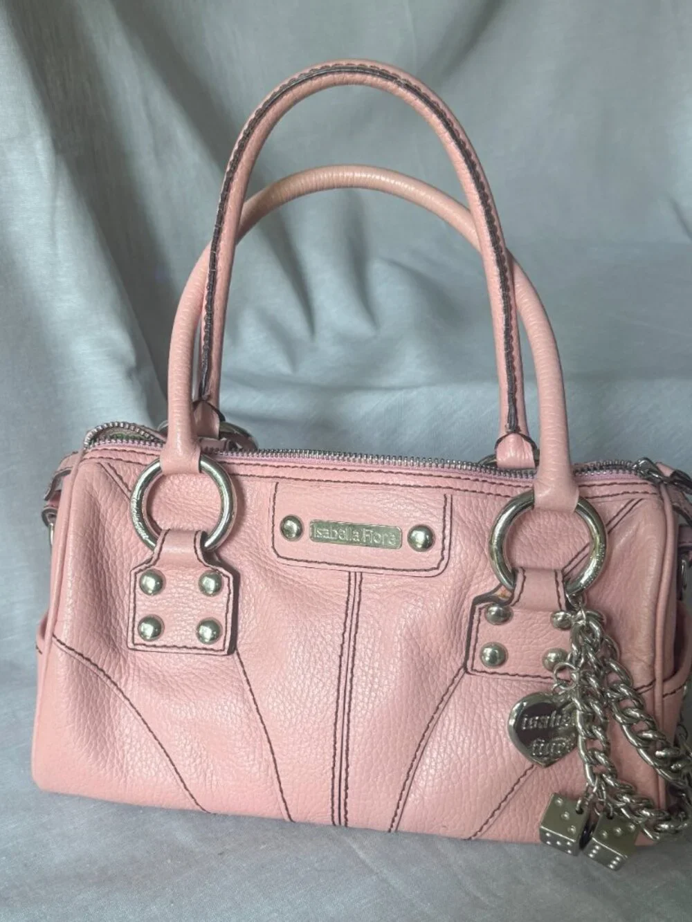 Isabella Fiore Pink Leather Satchel Y2K Chunky Chain Charm Bag 2000s Coquette